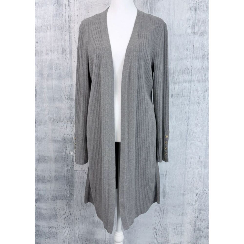 Talbots Open Front Cardigan Womens M Grey Ribbed Duster Gold Button Cuff Sweater